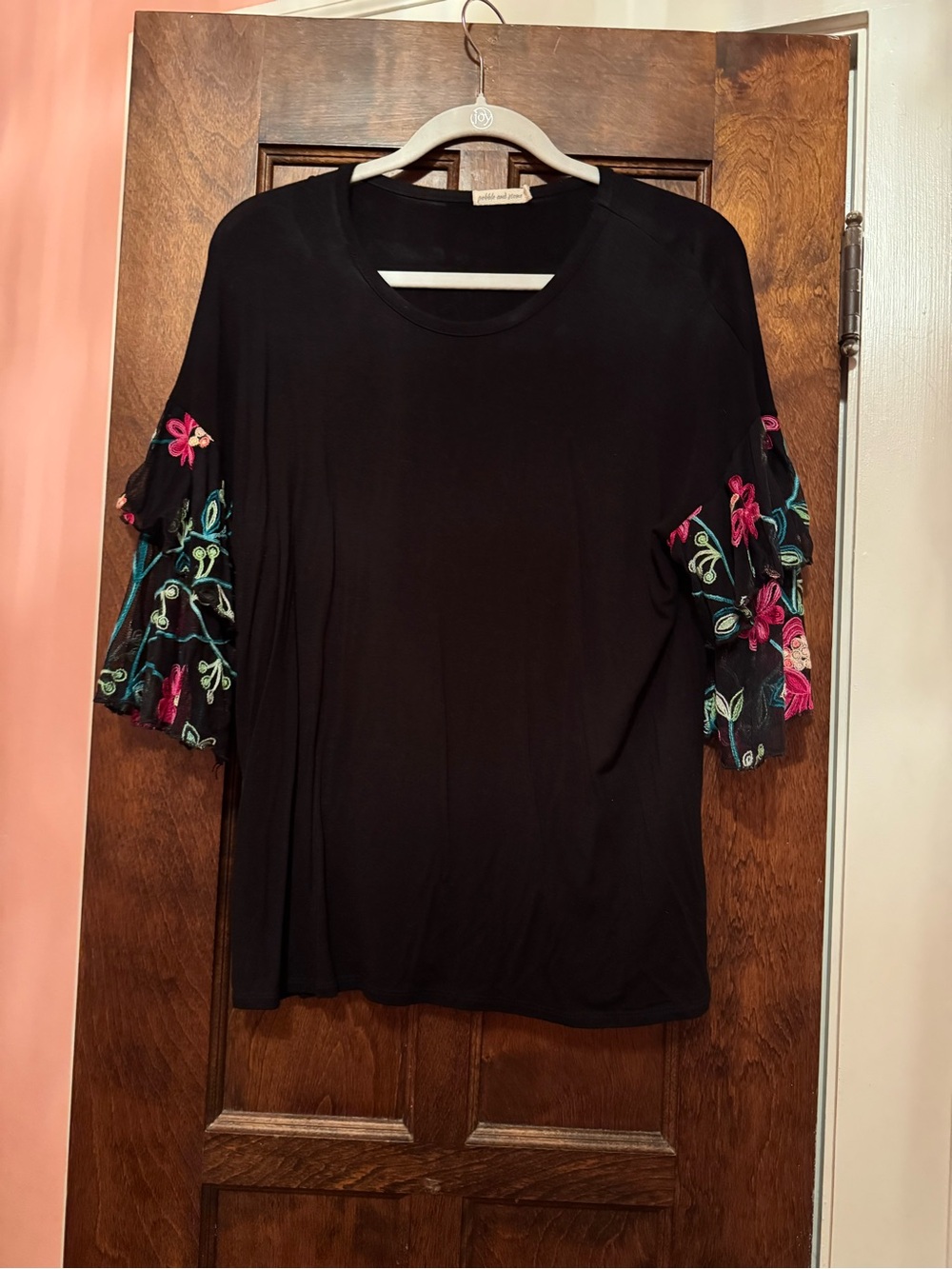 pebble and stone Black Short Sleeve Top with Pink & Teal Embroidery🩷